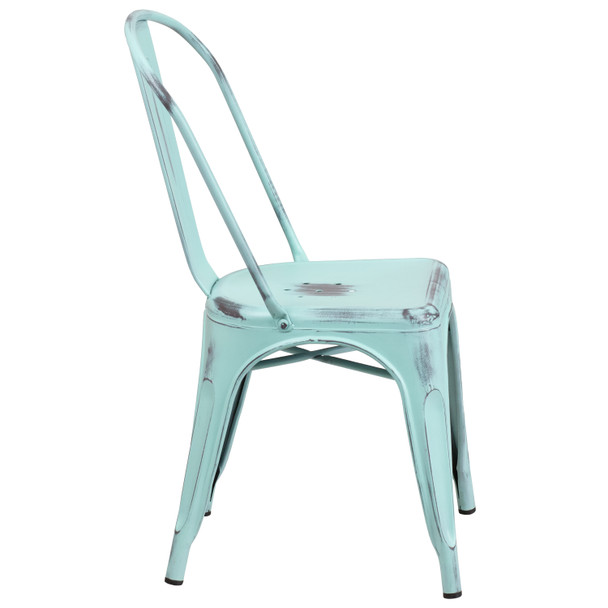 Tenley Commercial Grade Distressed Green-Blue Metal Indoor-Outdoor Stackable Chair