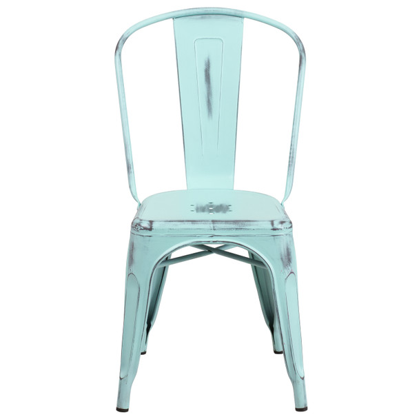 Tenley Commercial Grade Distressed Green-Blue Metal Indoor-Outdoor Stackable Chair
