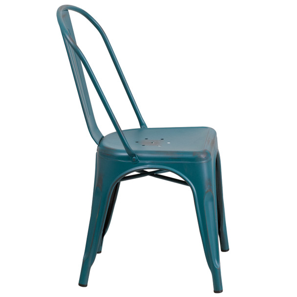 Tenley Commercial Grade Distressed Kelly Blue-Teal Metal Indoor-Outdoor Stackable Chair