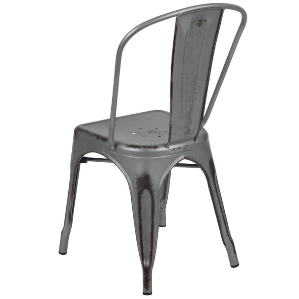 Tenley Commercial Grade Distressed Silver Gray Metal Indoor-Outdoor Stackable Chair