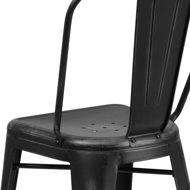 Carly Commercial Grade 24" High Distressed Black Metal Indoor-Outdoor Counter Height Stool with Back