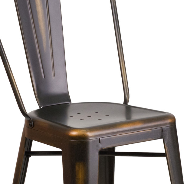 Carly Commercial Grade 24" High Distressed Copper Metal Indoor-Outdoor Counter Height Stool with Back