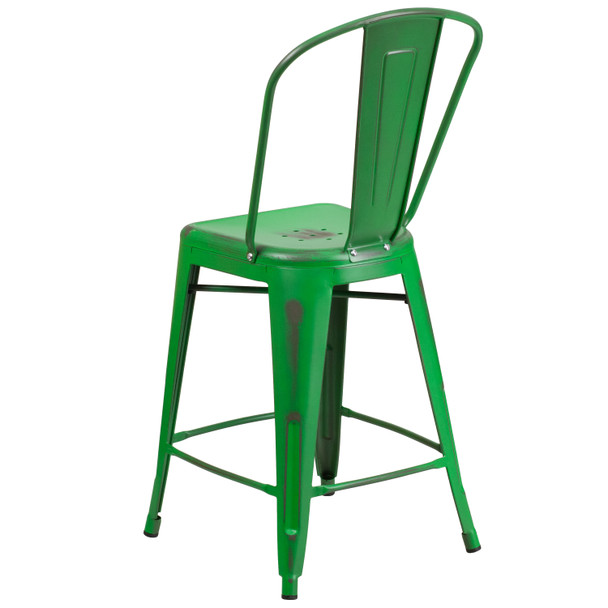 Carly Commercial Grade 24" High Distressed Green Metal Indoor-Outdoor Counter Height Stool with Back