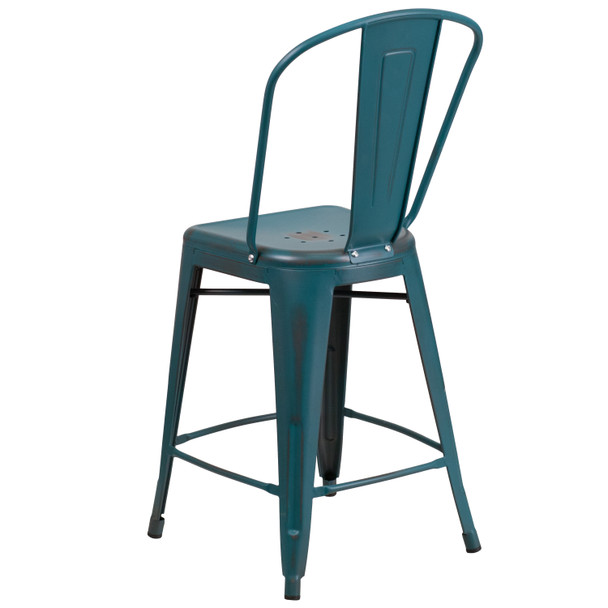 Carly Commercial Grade 24" High Distressed Kelly Blue-Teal Metal Indoor-Outdoor Counter Height Stool with Back