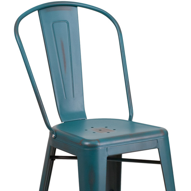 Carly Commercial Grade 24" High Distressed Kelly Blue-Teal Metal Indoor-Outdoor Counter Height Stool with Back