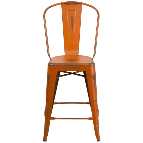 Carly Commercial Grade 24" High Distressed Orange Metal Indoor-Outdoor Counter Height Stool with Back