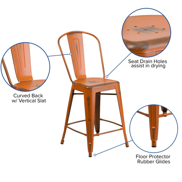 Carly Commercial Grade 24" High Distressed Orange Metal Indoor-Outdoor Counter Height Stool with Back