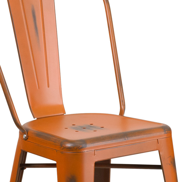 Carly Commercial Grade 24" High Distressed Orange Metal Indoor-Outdoor Counter Height Stool with Back