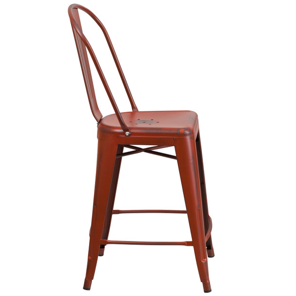 Carly Commercial Grade 24" High Distressed Kelly Red Metal Indoor-Outdoor Counter Height Stool with Back