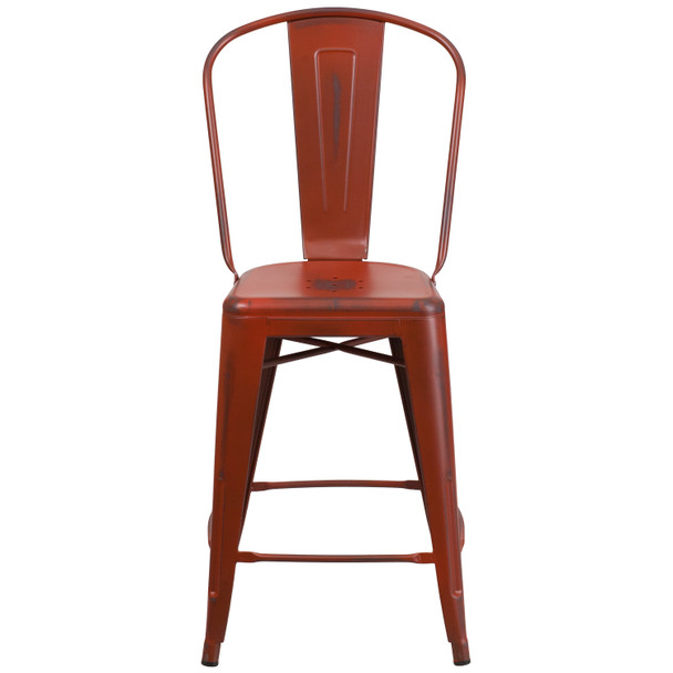 Carly Commercial Grade 24" High Distressed Kelly Red Metal Indoor-Outdoor Counter Height Stool with Back