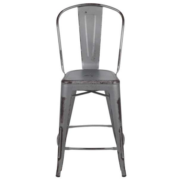 Carly Commercial Grade 24" High Distressed Silver Gray Metal Indoor-Outdoor Counter Height Stool with Back