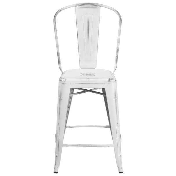 Carly Commercial Grade 24" High Distressed White Metal Indoor-Outdoor Counter Height Stool with Back