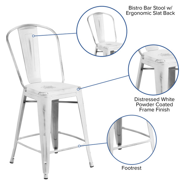 Carly Commercial Grade 24" High Distressed White Metal Indoor-Outdoor Counter Height Stool with Back