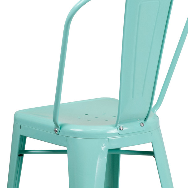 Carly Commercial Grade 24" High Mint Green Metal Indoor-Outdoor Counter Height Stool with Back