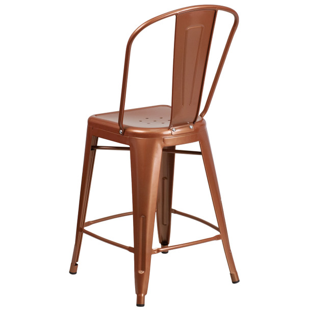 Carly Commercial Grade 24" High Copper Metal Indoor-Outdoor Counter Height Stool with Back