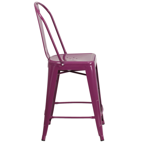 Carly Commercial Grade 24" High Purple Metal Indoor-Outdoor Counter Height Stool with Back