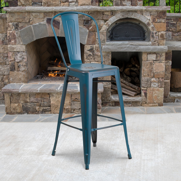 Cindy Commercial Grade 30" High Distressed Antique Blue Metal Indoor-Outdoor Barstool with Back