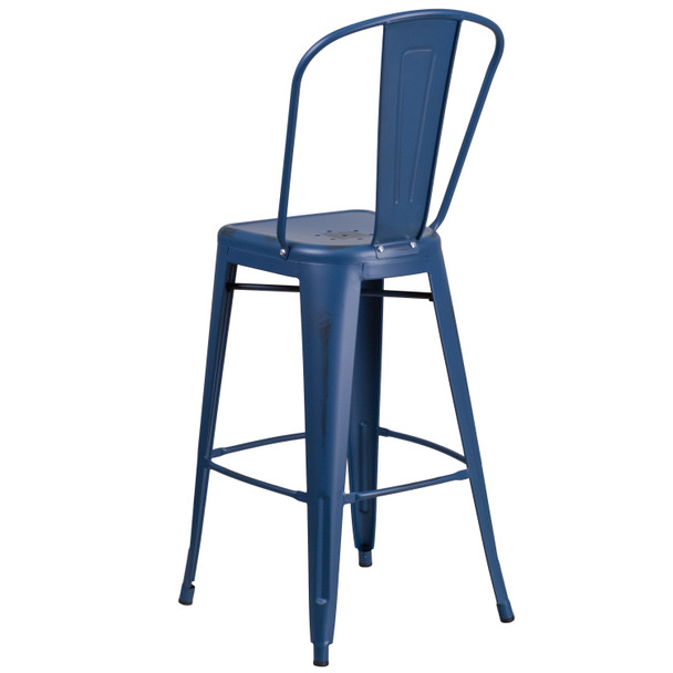 Cindy Commercial Grade 30" High Distressed Antique Blue Metal Indoor-Outdoor Barstool with Back