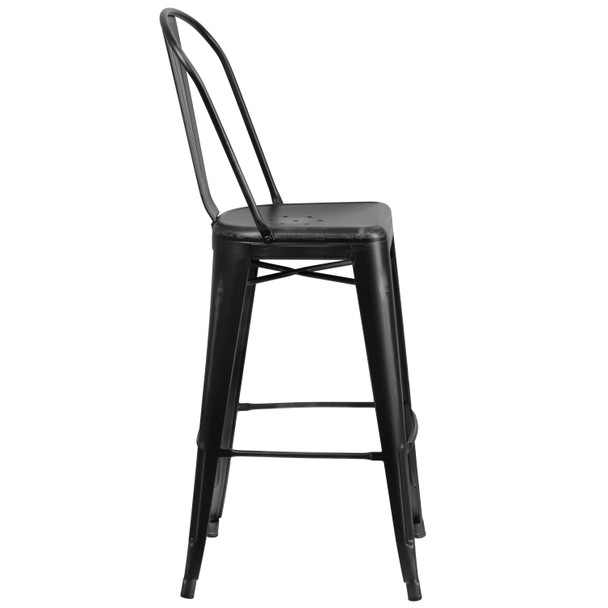 Cindy Commercial Grade 30" High Distressed Black Metal Indoor-Outdoor Barstool with Back