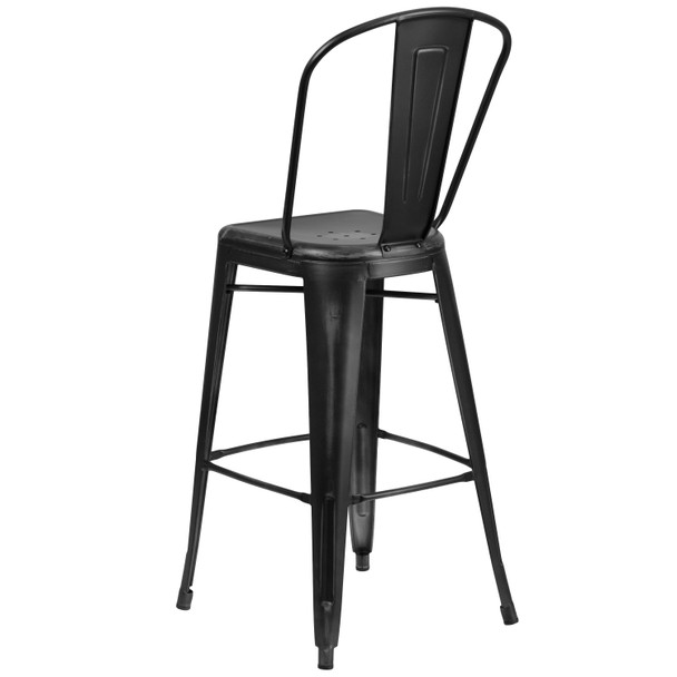 Cindy Commercial Grade 30" High Distressed Black Metal Indoor-Outdoor Barstool with Back