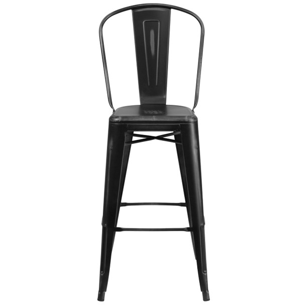 Cindy Commercial Grade 30" High Distressed Black Metal Indoor-Outdoor Barstool with Back