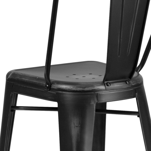 Cindy Commercial Grade 30" High Distressed Black Metal Indoor-Outdoor Barstool with Back