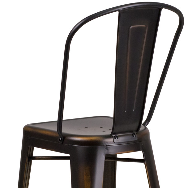 Cindy Commercial Grade 30" High Distressed Copper Metal Indoor-Outdoor Barstool with Back