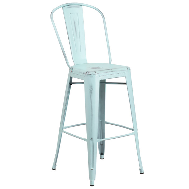 Cindy Commercial Grade 30" High Distressed Green-Blue Metal Indoor-Outdoor Barstool with Back