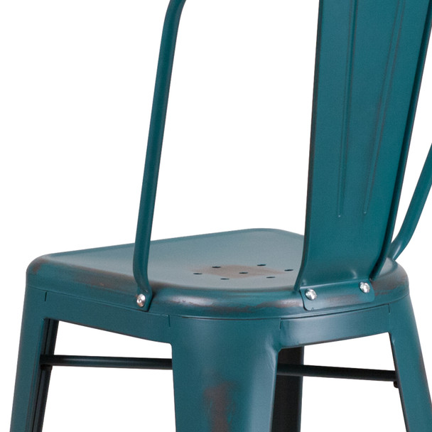Cindy Commercial Grade 30" High Distressed Kelly Blue-Teal Metal Indoor-Outdoor Barstool with Back