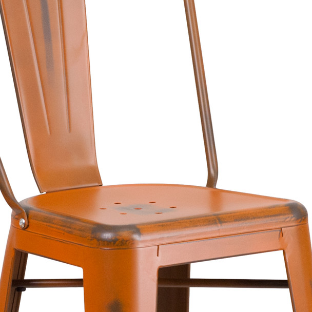 Cindy Commercial Grade 30" High Distressed Orange Metal Indoor-Outdoor Barstool with Back