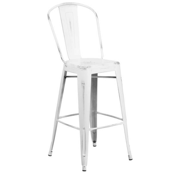 Cindy Commercial Grade 30" High Distressed White Metal Indoor-Outdoor Barstool with Back