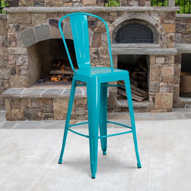 Cindy Commercial Grade 30" High Crystal Teal-Blue Metal Indoor-Outdoor Barstool with Back