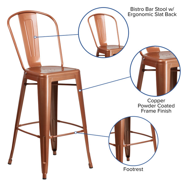 Cindy Commercial Grade 30" High Copper Metal Indoor-Outdoor Barstool with Back