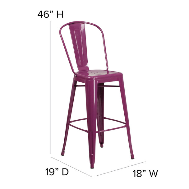Cindy Commercial Grade 30" High Purple Metal Indoor-Outdoor Barstool with Back