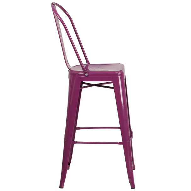 Cindy Commercial Grade 30" High Purple Metal Indoor-Outdoor Barstool with Back