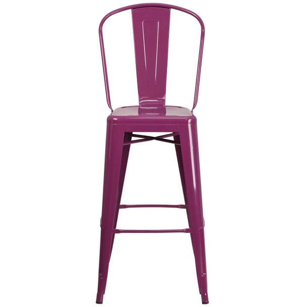 Cindy Commercial Grade 30" High Purple Metal Indoor-Outdoor Barstool with Back