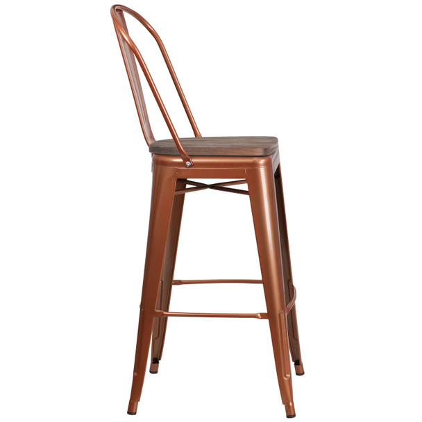 Cindy 30" High Copper Metal Barstool with Back and Wood Seat