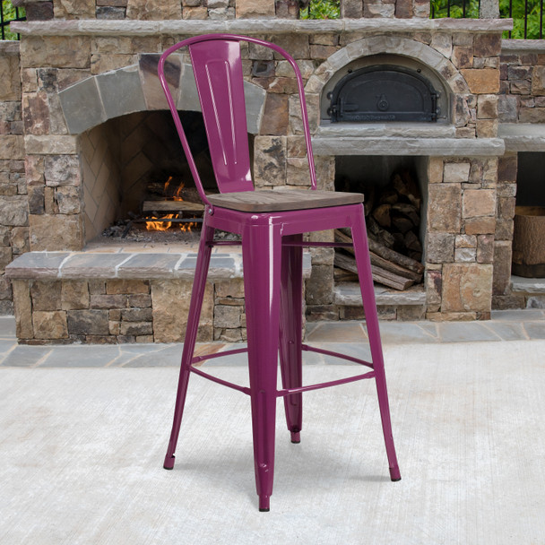 Cindy 30" High Purple Metal Barstool with Back and Wood Seat