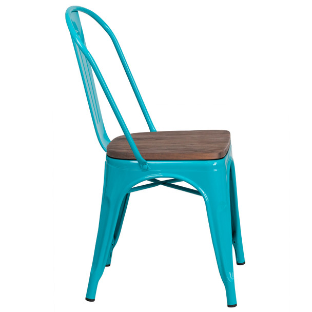 Tenley Crystal Teal-Blue Metal Stackable Chair with Wood Seat