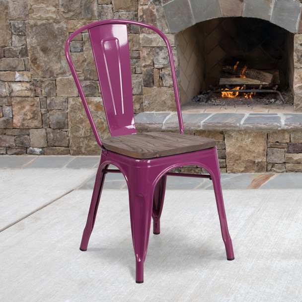 Tenley Purple Metal Stackable Chair with Wood Seat