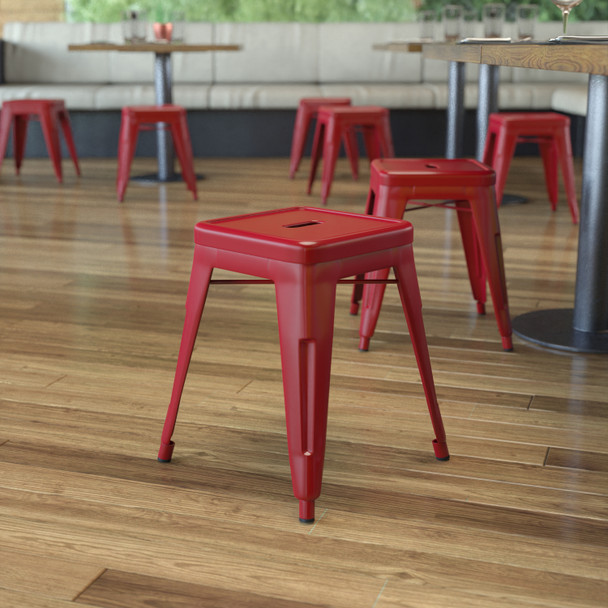 Kai 18" Table Height Stool, Stackable Backless Metal Indoor Dining Stool, Commercial Grade Restaurant Stool in Red - Set of 4