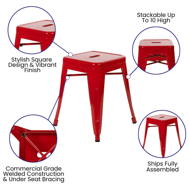 Kai 18" Table Height Stool, Stackable Backless Metal Indoor Dining Stool, Commercial Grade Restaurant Stool in Red - Set of 4