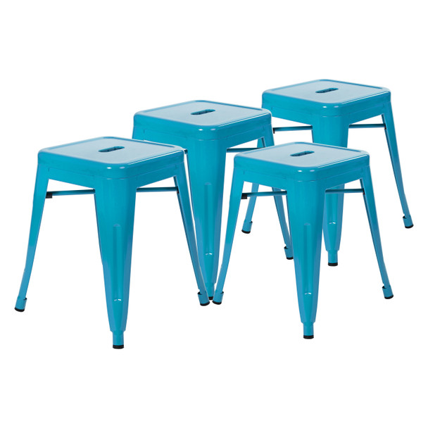 Kai 18" Table Height Stool, Stackable Backless Metal Indoor Dining Stool, Commercial Grade Restaurant Stool in Teal - Set of 4