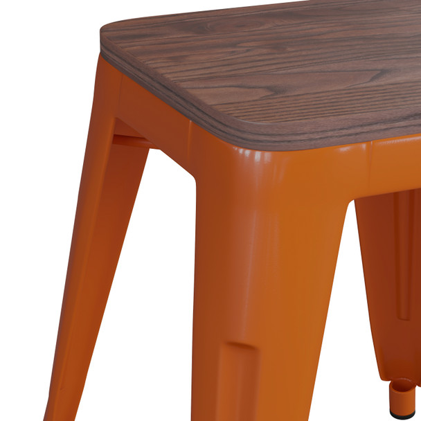 Kai 18" Backless Table Height Stool with Wooden Seat, Stackable Orange Metal Indoor Dining Stool, Kai Commercial Grade - Set of 4