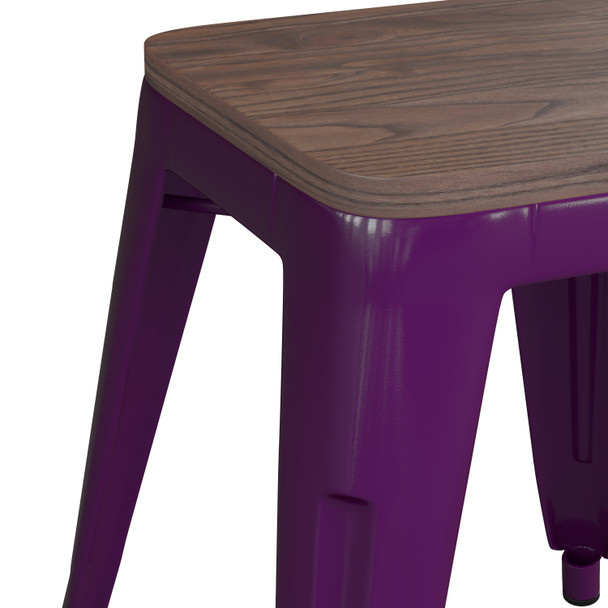 Kai 18" Backless Table Height Stool with Wooden Seat, Stackable Purple Metal Indoor Dining Stool, Kai Commercial Grade - Set of 4