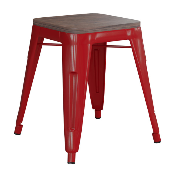 Kai 18" Backless Table Height Stool with Wooden Seat, Stackable Red Metal Indoor Dining Stool, Kai Commercial Grade - Set of 4