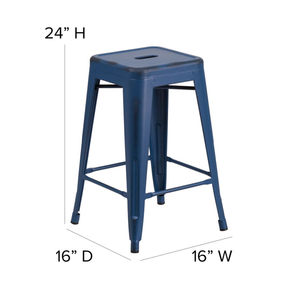 Kai Commercial Grade 24" High Backless Distressed Antique Blue Metal Indoor-Outdoor Counter Height Stool