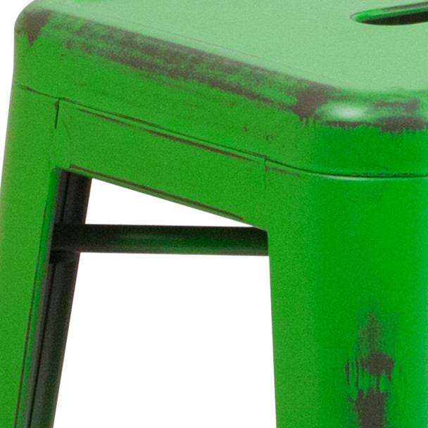 Kai Commercial Grade 24" High Backless Distressed Green Metal Indoor-Outdoor Counter Height Stool