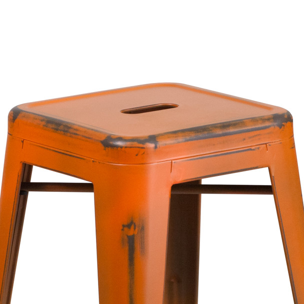 Kai Commercial Grade 24" High Backless Distressed Orange Metal Indoor-Outdoor Counter Height Stool