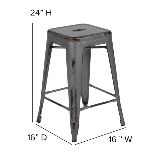 Kai Commercial Grade 24" High Backless Distressed Silver Gray Metal Indoor-Outdoor Counter Height Stool